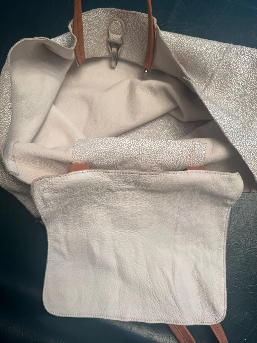 White and Silver Shimmery Textured Leather Tote Bag with Brown Straps